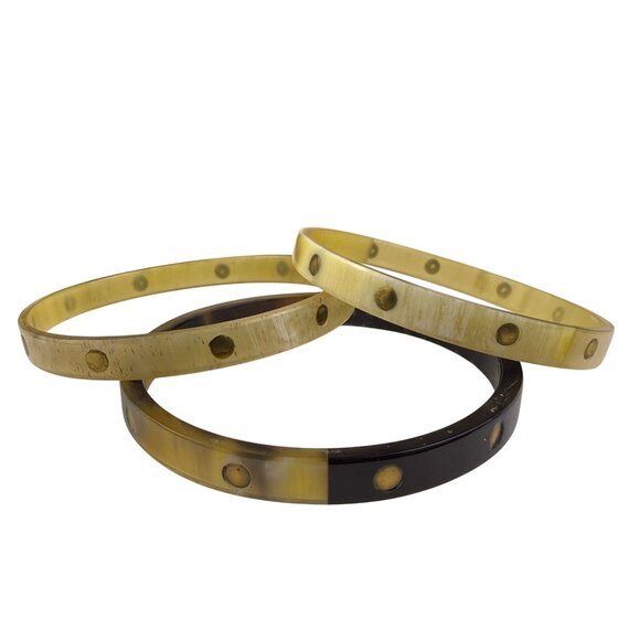 Vintage Unknown Womens Yellow Resin Bangle Bracelets With Metal Accents Set Of 3 - Picture 1 of 6